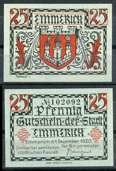 Германия, Эммерих 25 пфеннигов 1920 нотгельд, голубая, 1.12.1920 Tieste 1710/25 бумага UNC (пресс) 8614-41-1-1