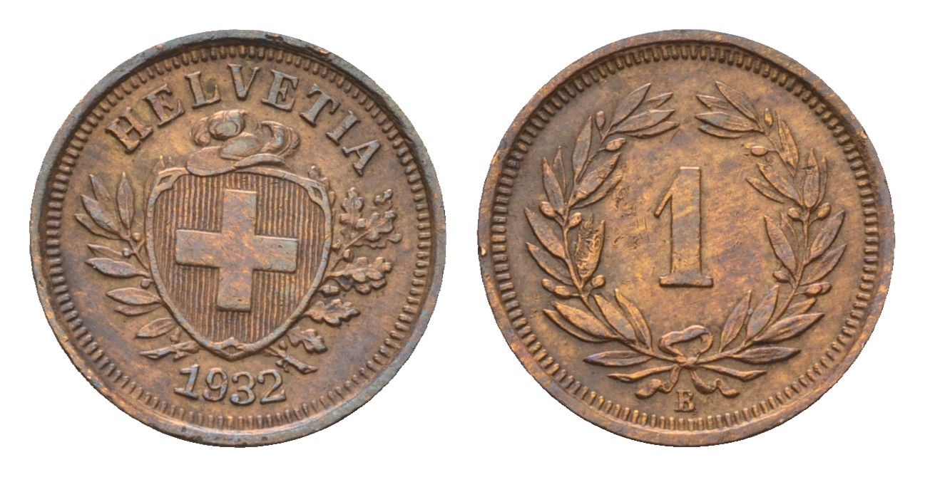 Швейцария 1 раппен 1932 B KM 3.2 бронза 46-558