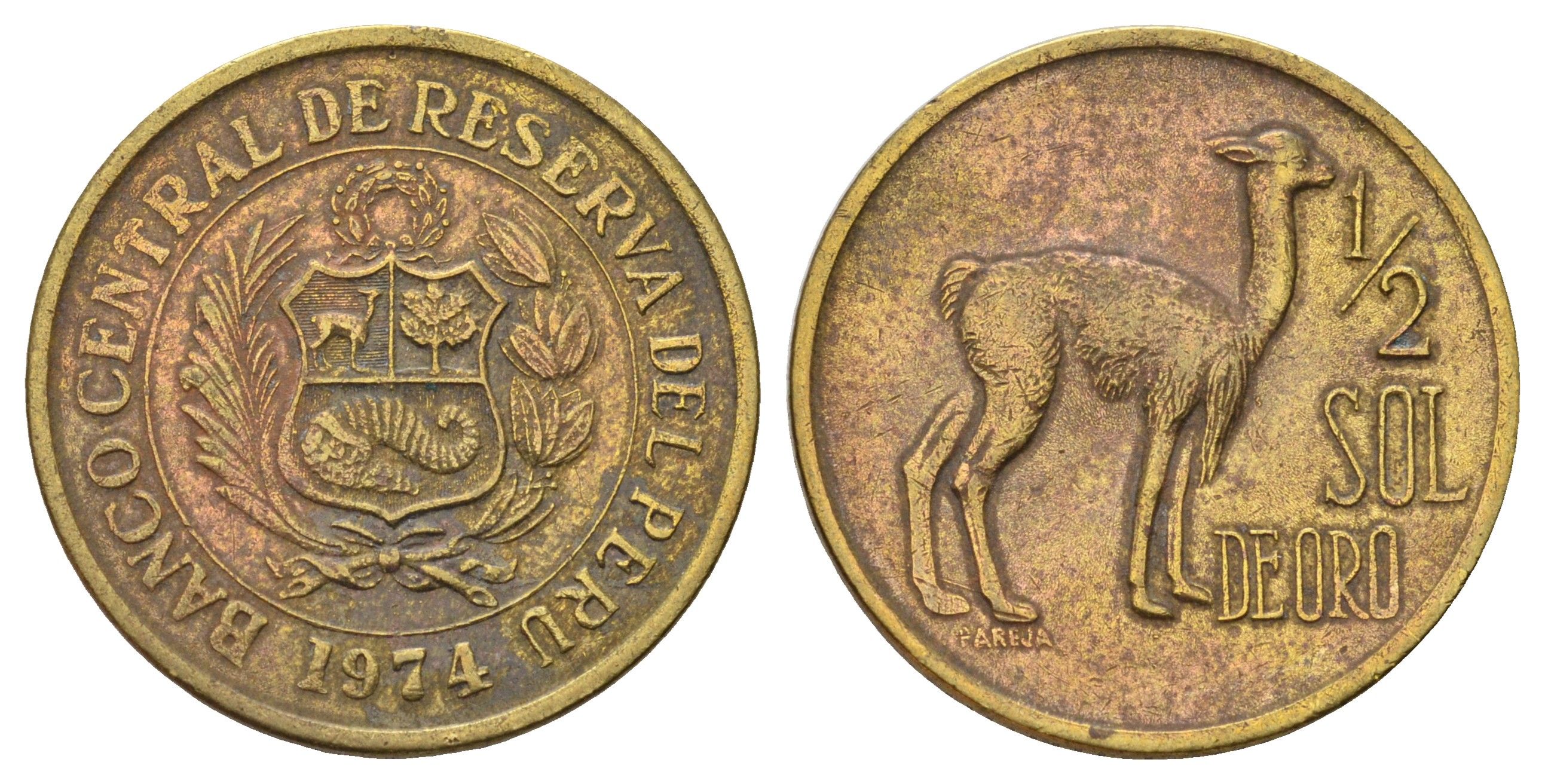 Перу 1/2 соль 1974 альпака KM 260 латунь 4167-854