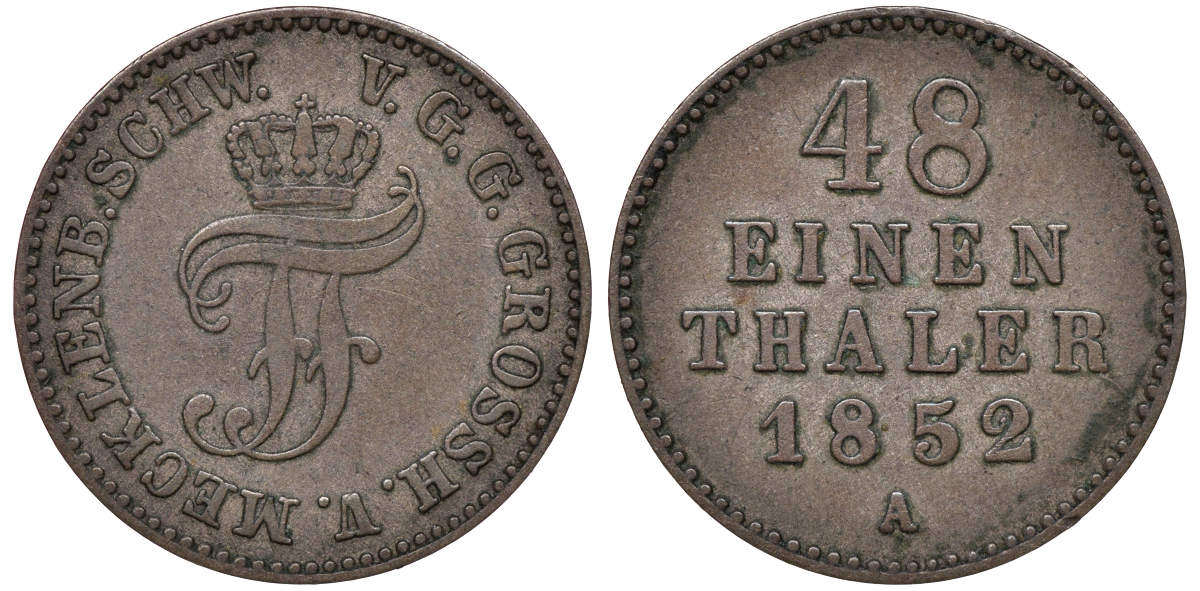 Мекленбург-Шверин 1/48 талера 1852 A, Фридрих Франц II (1842-1883) KM 311 серебро 4516-452