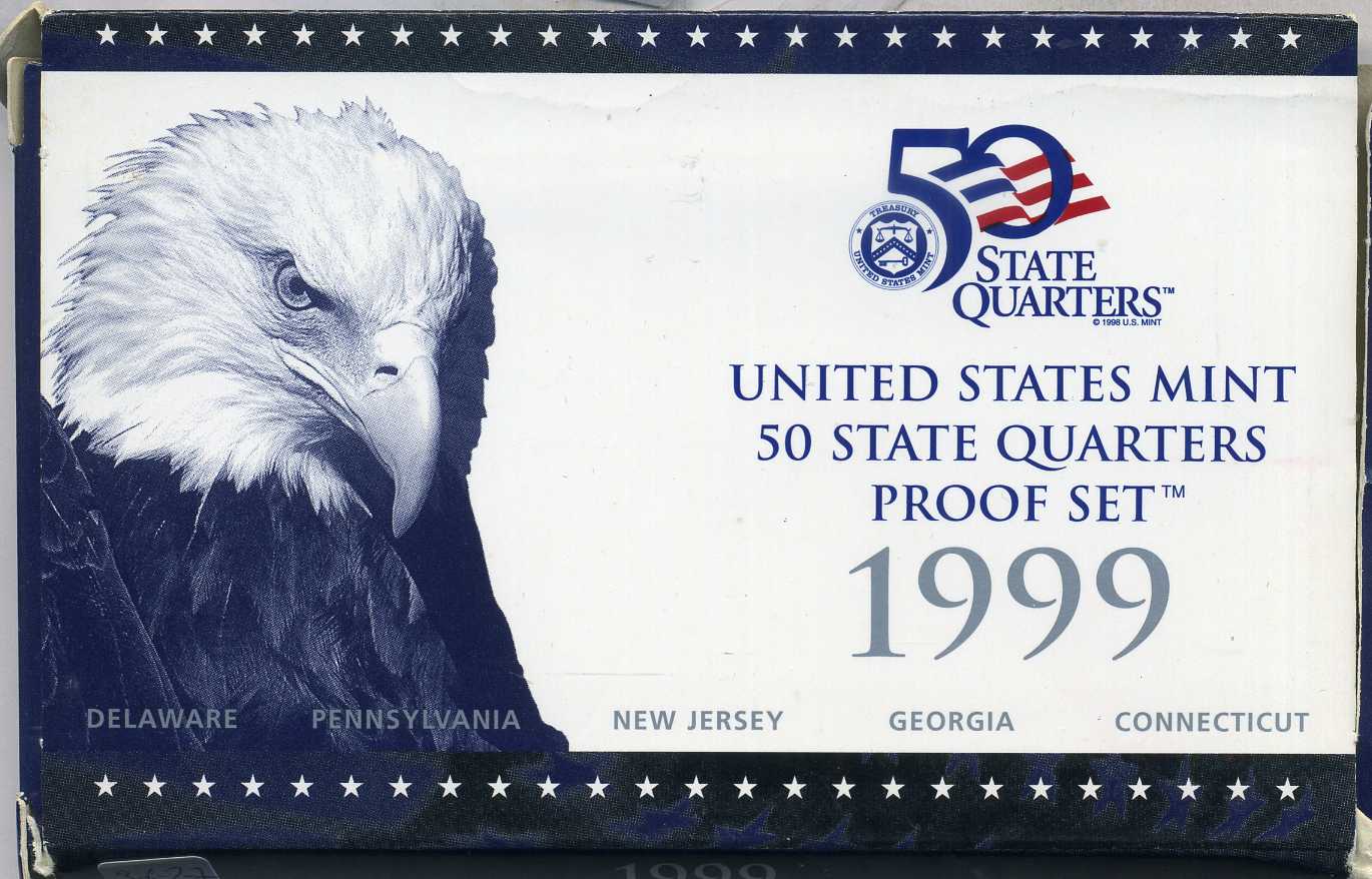 США официальный набор из 5 монет 1999 s, набор из 5 квотеров, штаты США, пластик, в оригинальной коробке с сертификатом PROOF 3-6-2-7