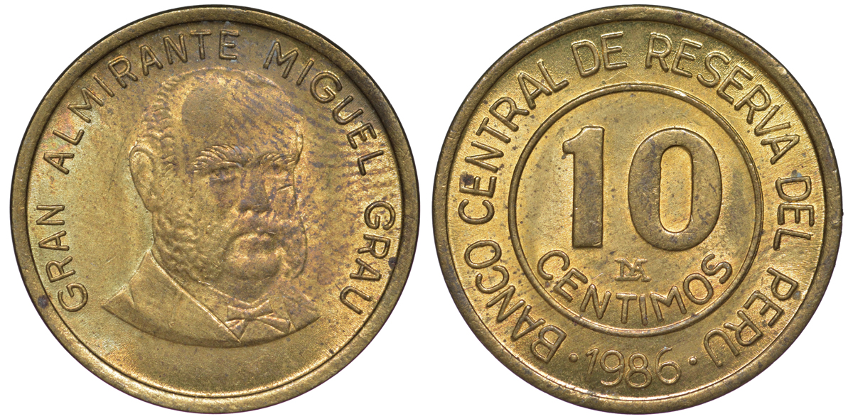 Перу 10 сентимо 1986 Мигель Грау Семинарио KM 293 латунь aUNC 4189-724