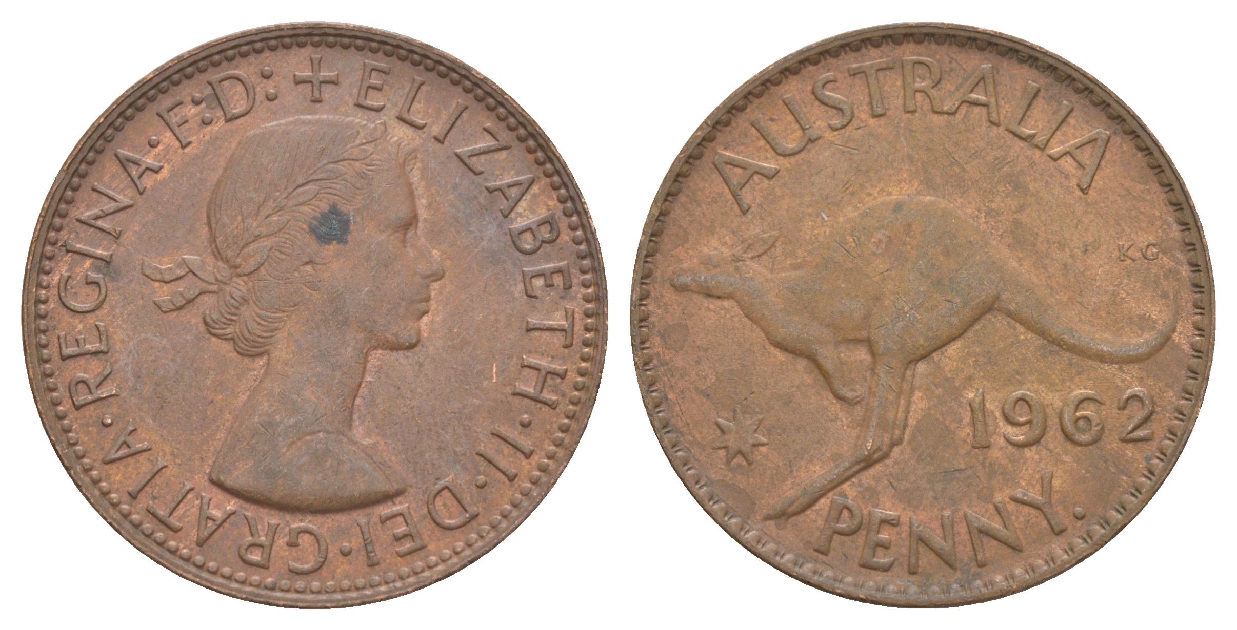 Австралия 1 пенни 1962 p, Елизавета II (1952-2022), кенгуру KM 56 бронза 4179-244