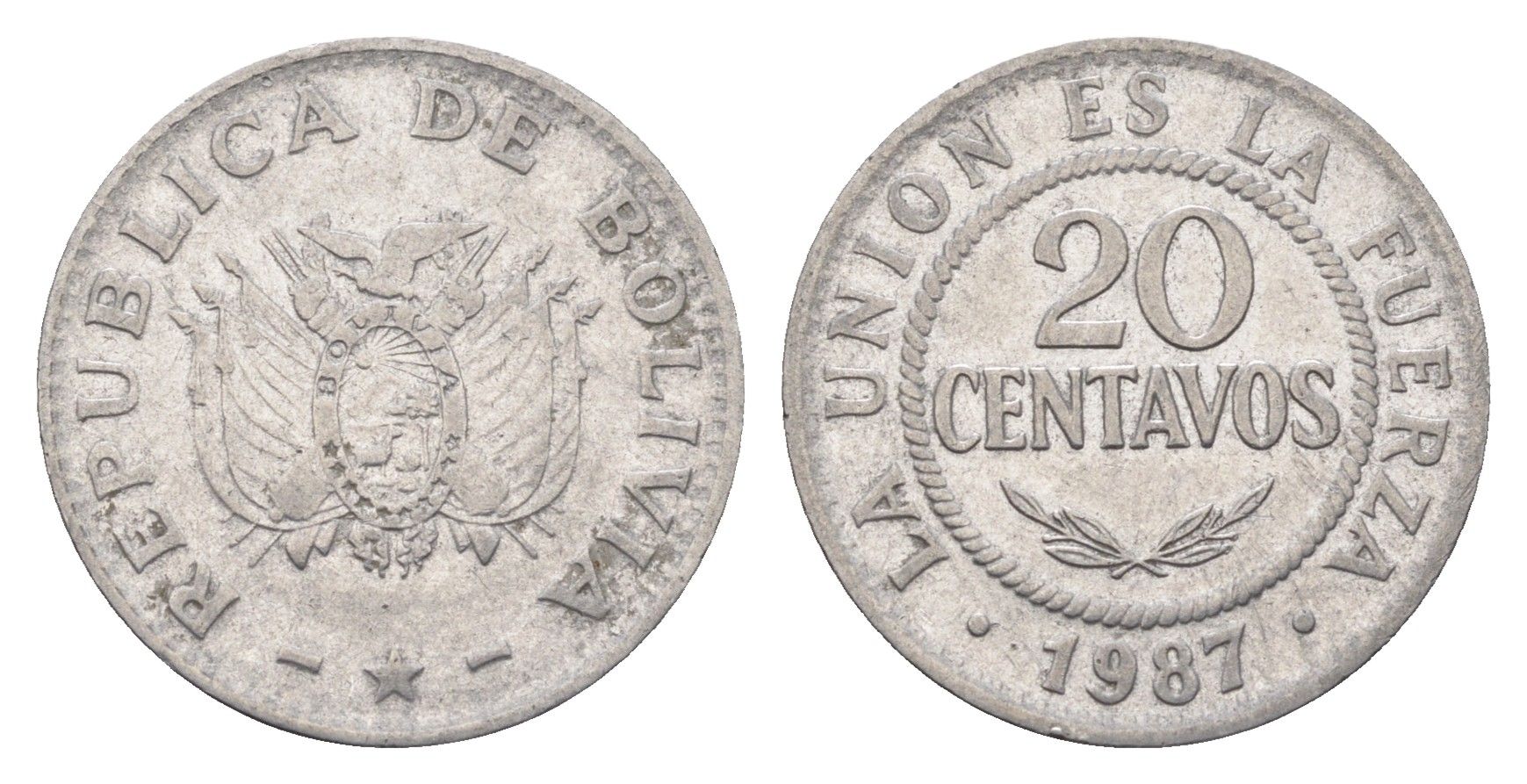 Боливия 20 сентаво 1987 KM 203 нержавеющая сталь 4664-635