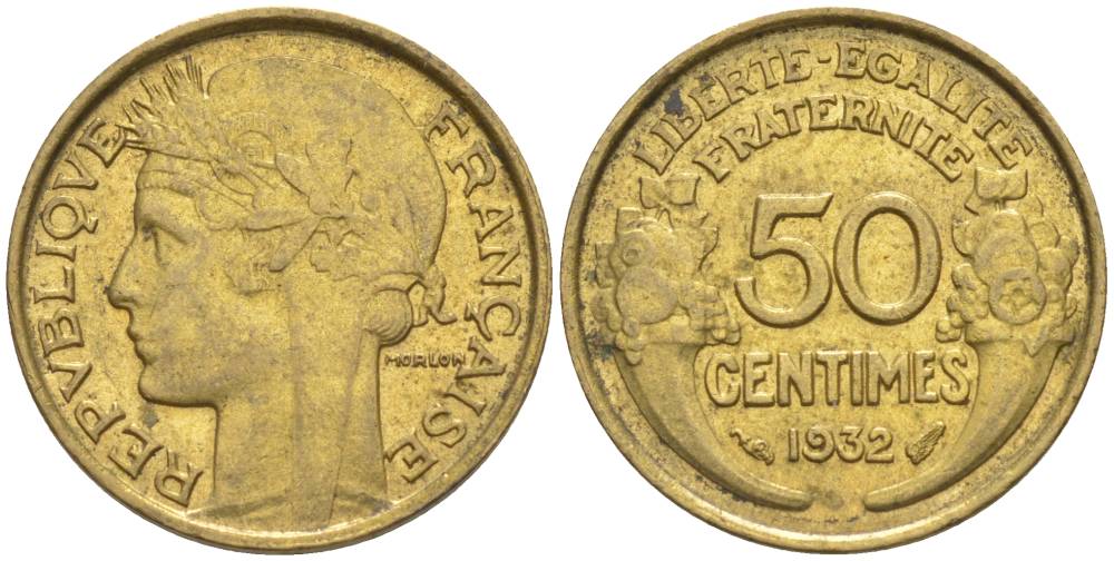 ФРАНЦИЯ 50 САНТИМОВ 1932 ТИП MORLON, OPEN 9, С ЯГОДОЙ KM 894.1, LE FRANC 192.7 алюминиевая бронза 44-717
