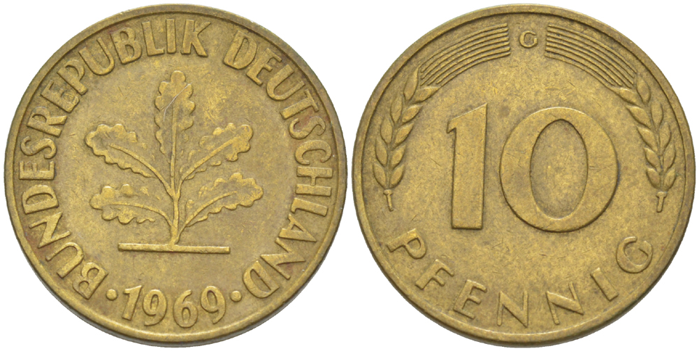 ФРГ 10 ПФЕННИГОВ 1969 G KM 108, J. 383 сталь плакированная латунью 4182-811