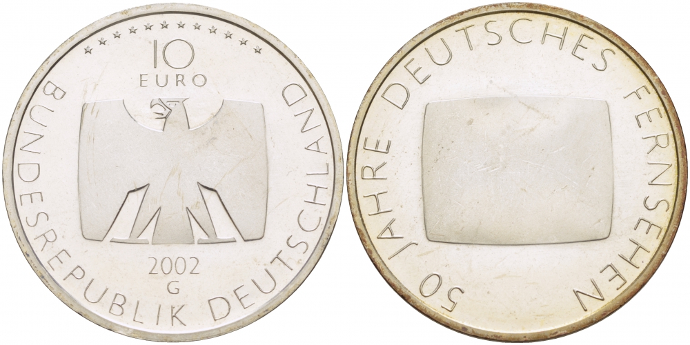 ФРГ 10 евро 2002 G, 50 лет немецкому телевидению KM 219, DE.S. 10.5 серебро UNC 1082-9-21