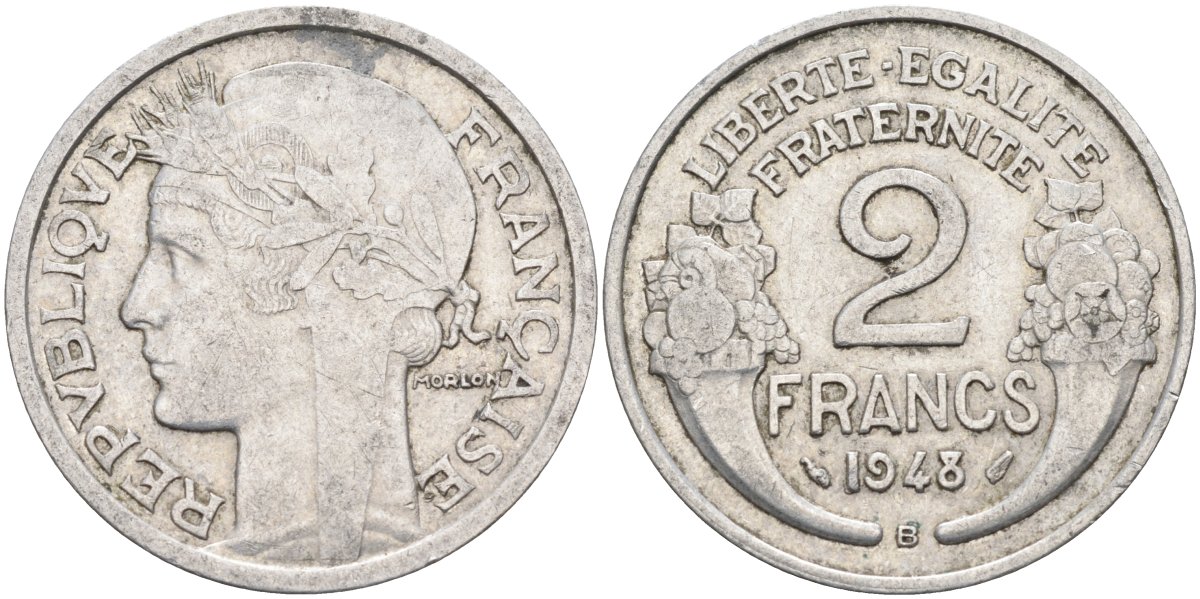 Франция 2 франка 1948 В, тип Morlon KM 886а.2, Le Franc 269.13 алюминий 4126-915