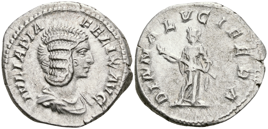 Римская Империя денарий 193 - 211 Юлия Домна, жена Септимия Севера DIANA LVCIFERA Диана, держащая факел Рим Good Very fine RIC 373a серебро 000-00-00