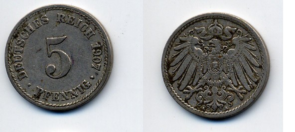 ГЕРМАНИЯ 5 ПФЕННИГОВ 1907 A, KM 11, J. 12 медно-никель 84-941