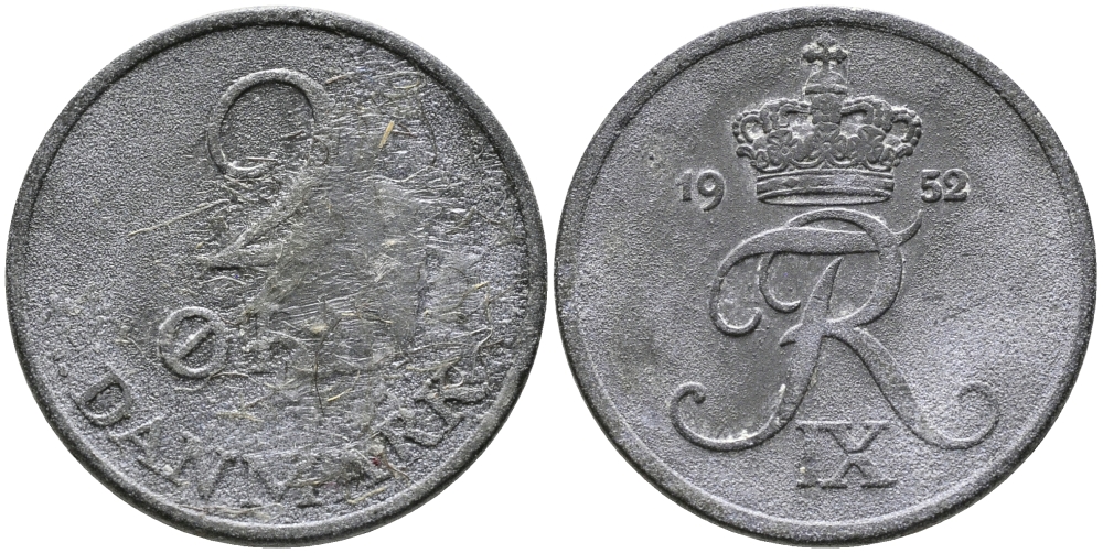 ДАНИЯ 2 ЭРЕ 1952 N; S, ФРЕДЕРИК IX (1947-1972) KM 840.1 цинк 28-1033