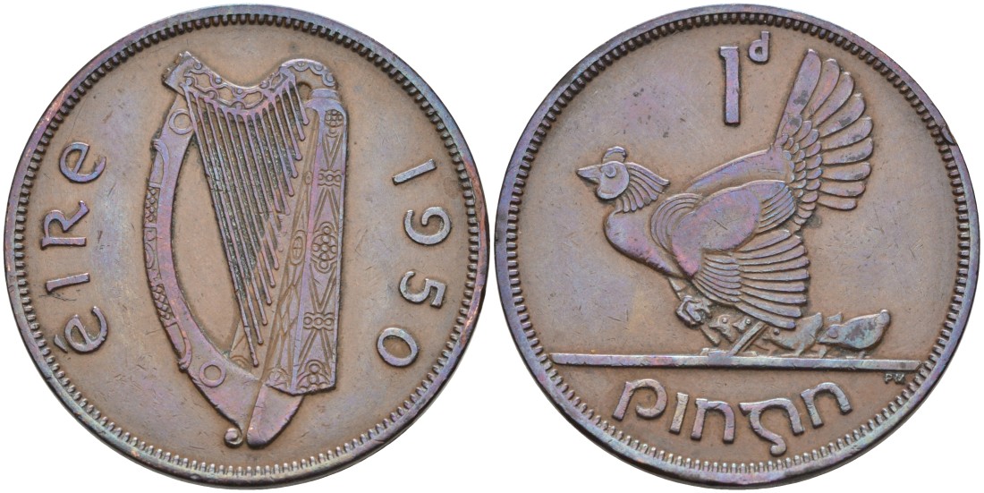 Ирландия 1 пенни 1950 курица с цыплятами KM 11 бронза 88-835