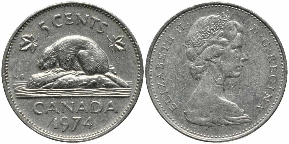 Канада 5 центов 1974 бобр, Елизавета II (1952-) KM 60.1 никель 87-956