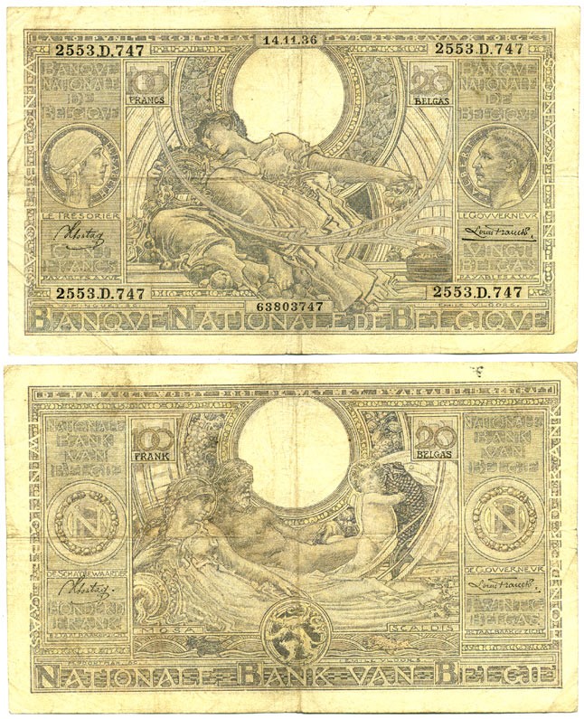 БЕЛЬГИЯ 100 ФРАНКОВ 1936 Pick 107 бумага 7218-16-2