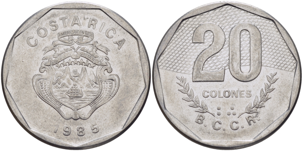 КОСТА-РИКА 20 КОЛОН 1985 сс KM 216.2 нержавеющая сталь 82-135
