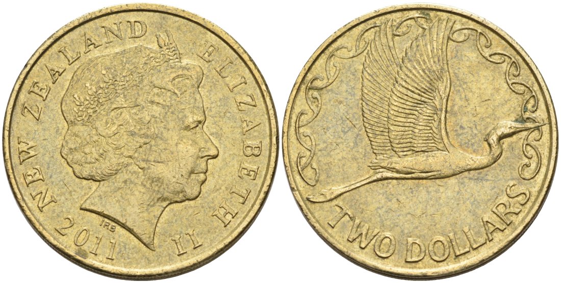 Новая Зеландия 2 доллара 2011 Елизавета II (1952-2022), большая белая цапля KM 121 алюминиевая бронза 79-231