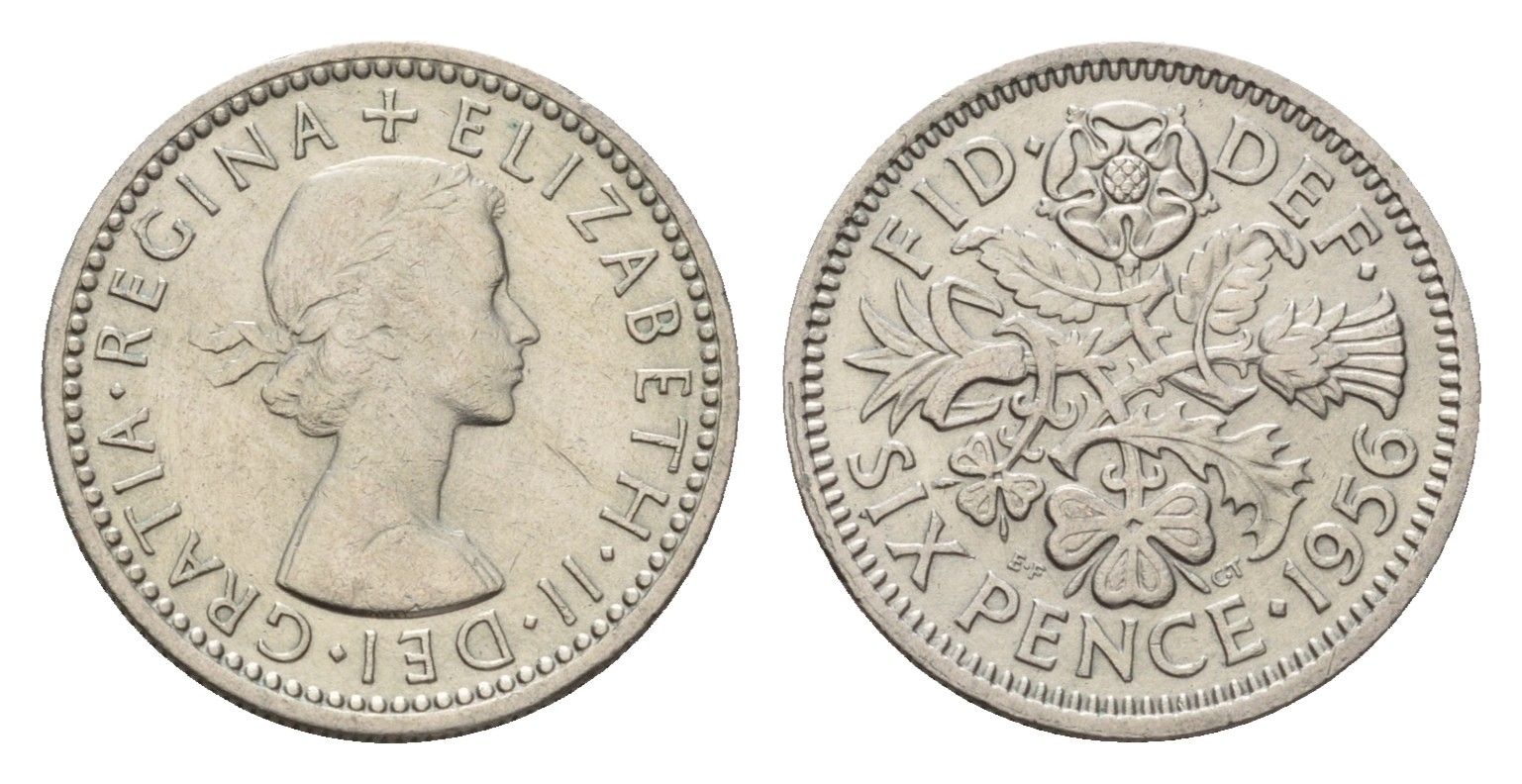 Великобритания 6 пенсов 1956 Елизавета II (1952-2022) KM 903, Spink 4149 медно-никель 4651-1154