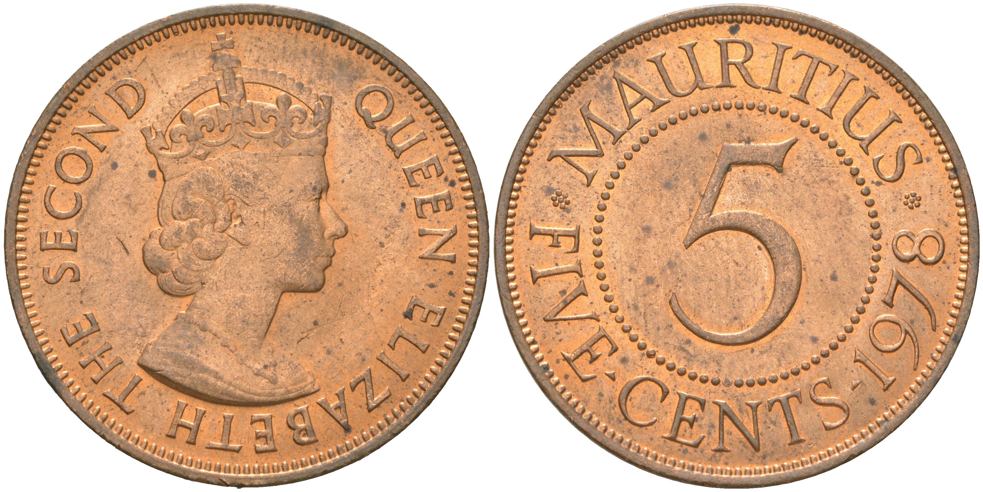 Маврикий 5 центов 1978 KM 34 бронза UNC 4620-1117