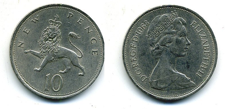 Великобритания 10 пенсов 1968 Елизавета II (1952-2022) KM 912, Spink 4231 (F1) медно-никель  4110-1041