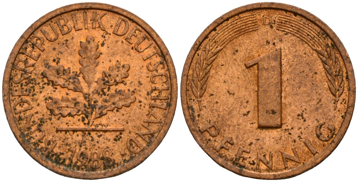 ФРГ 1 пфенниг 1988 D KM 105, J.380 сталь плакированная медью 4189-847