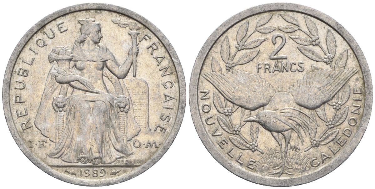 Французская Новая Каледония 2 франка 1989 птица кагу, (IEOM) KM 14, Schoen 11, Lec 65 алюминий    27-1113