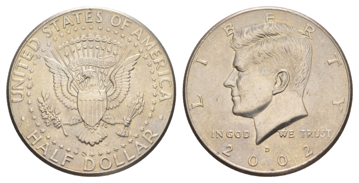 США 1/2 доллара (50 центов) 2002 D, Джон Кеннеди KM A202b медь плакированная медно-никелем aUNC 4517-416