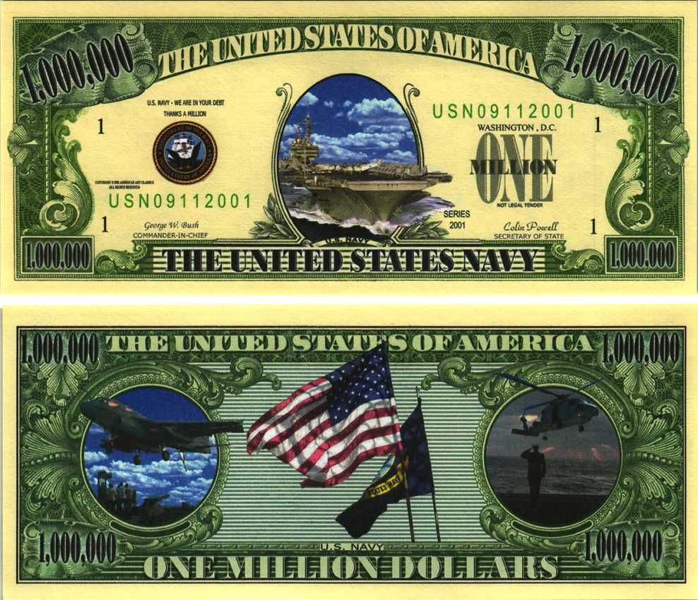 США 1000000 ДОЛЛАРОВ 2001 СУВЕНИРНАЯ БАНКНОТА, СЕРИЯ ВООРУЖЕННЫЕ СИЛЫ США, АВИАНОСЕЦ, САМОЛЕТ, ВЕРТОЛЕТ, ВВС США бумага UNC (ПРЕСС) 7198-35-3-1