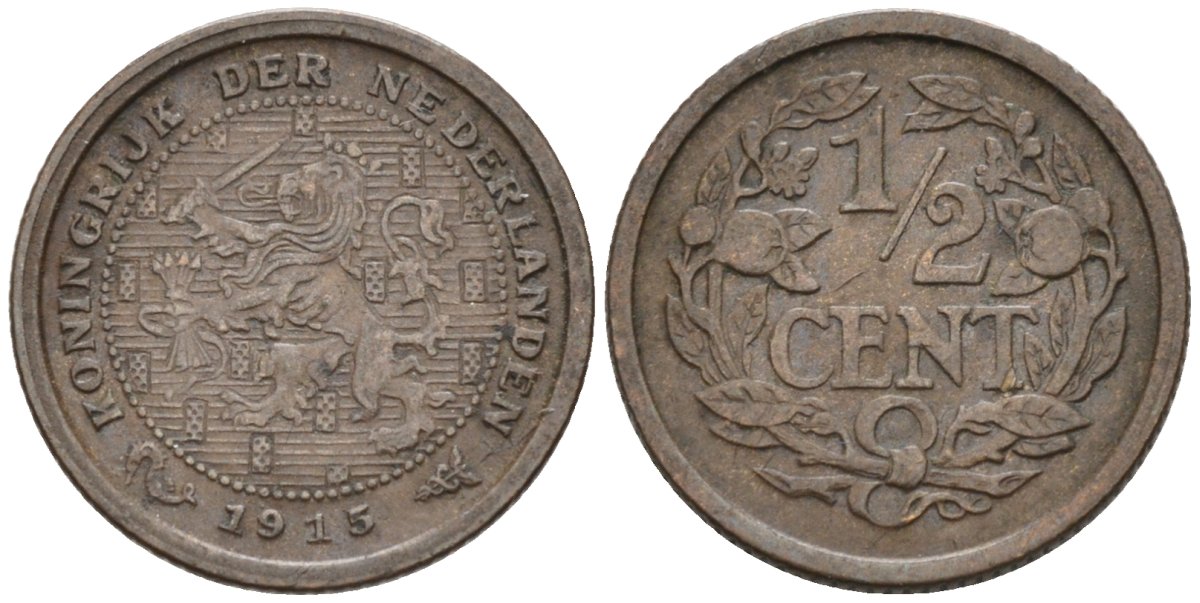 Нидерланды 1/2 цента 1915 Вильгельмина (1890-1948) KM 138 бронза 4576-362