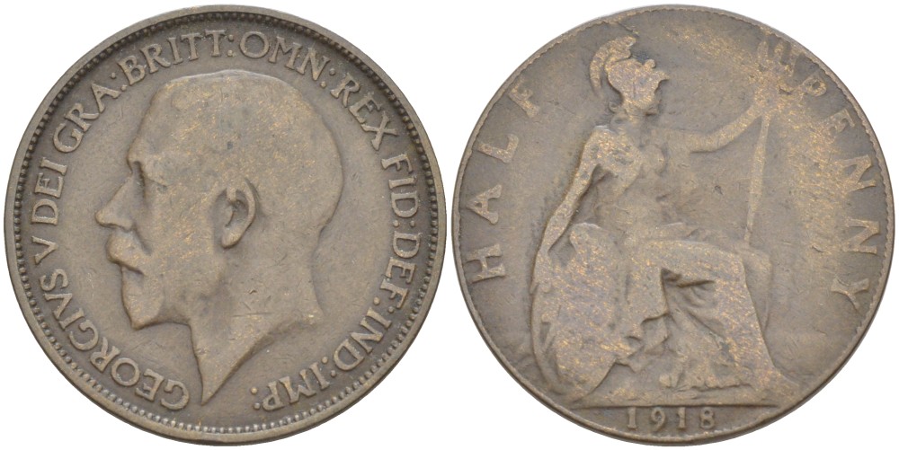 Великобритания 1/2 пенни 1918 Георг V (1910-1936) KM 809, Spink 4056 бронза 4519-122