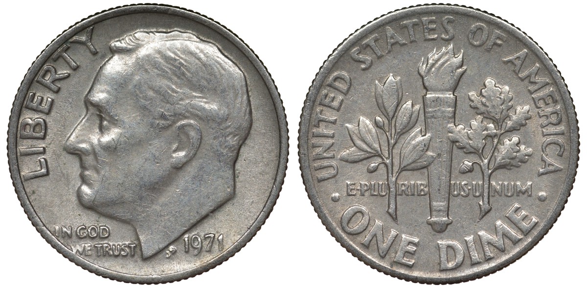 США 10 центов = дайм 1971 Рузвельт KM 195а медь плакированная медно-никелем 4124-443