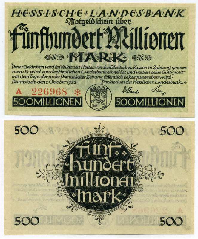 Германия, Дармштадт 500000000 марок (500 миллионов) 1923 1 октября 1923, нотгельд, земля Гессен, серия А, номер, снежинка, Hessesche Landesbank Keller 956е  бумага  UNC (пресс) 8613-20-1-1