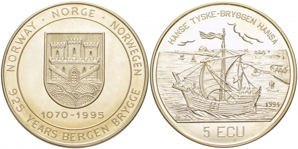 НОРВЕГИЯ 5 ЭКЮ 1994 925 ЛЕТ БЕРГЕНСКОМУ МОСТУ медно-никель UNC 04-092-35