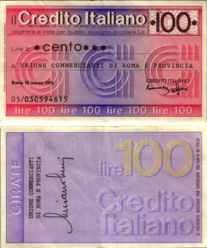 Италия чек на 100 лир 1976 18 марта 1976, credito Italiano бумага 7204-39-3-1