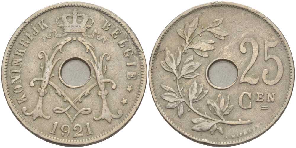 БЕЛЬГИЯ 25 САНТИМОВ 1921 BELGIE KM 69 медно-никель 213-315