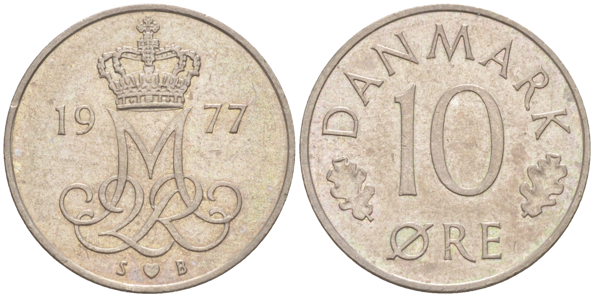 ДАНИЯ 10 ЭРЕ 1977 S; B, МАРГРЕТЕ II (1972-) KM 860.1 медно-никель 187-554