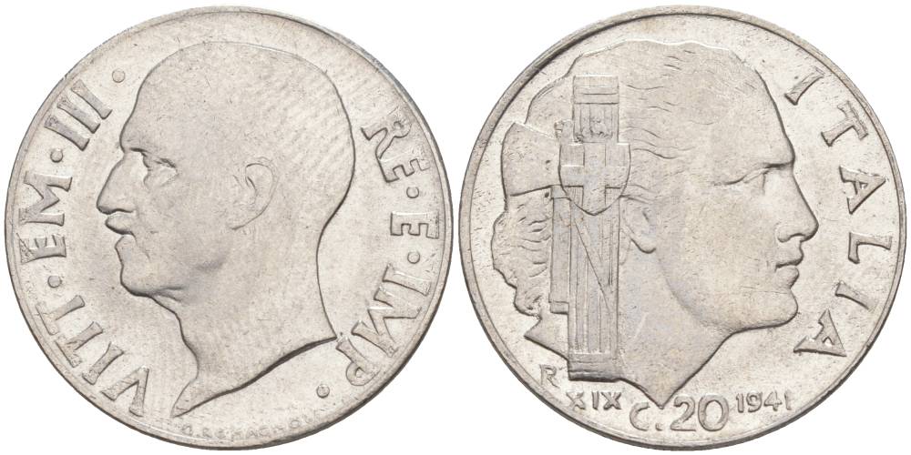 ИТАЛИЯ 20 ЧЕНТЕЗИМО 1941 R, ГОД XIX, ВИКТОР ЭММАНУИЛ III (1900-1946) KM 75b, VEM3. 1028 нержавеющая сталь 3853-1037