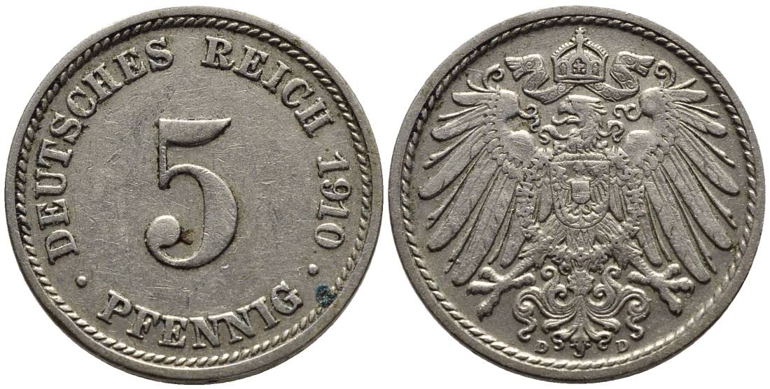 Германия 5 пфеннигов 1910 D KM 11, Jager 12, Weege 6 медно-никель 4547-516
