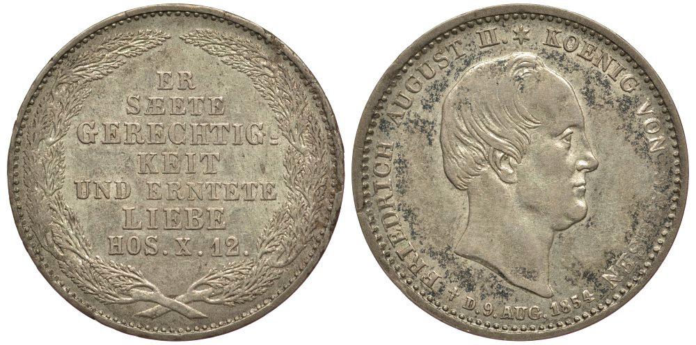 САКСОНИЯ 1/6 ТАЛЕРА 1854 F,ФРИДРИХ АВГУСТ II (1836-1854), НА СМЕРТЬ КОРОЛЯ KM 1178, J. 92 серебро aUNC 413-5042