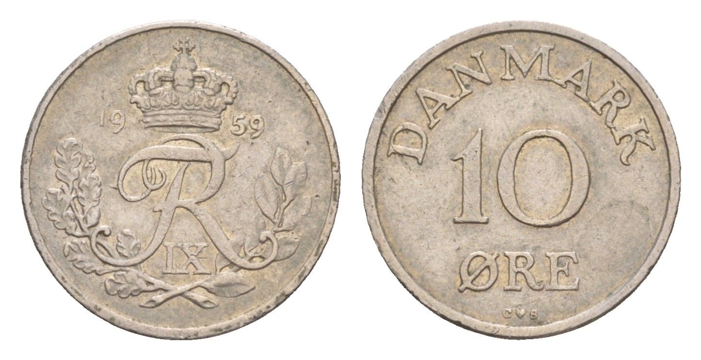 Дания 10 эре 1959 C; S, Фредерик IX (1947-1972), самый редкий год тиража - 1.255.000 экземпляров KM 841 медно-никель 1524-115