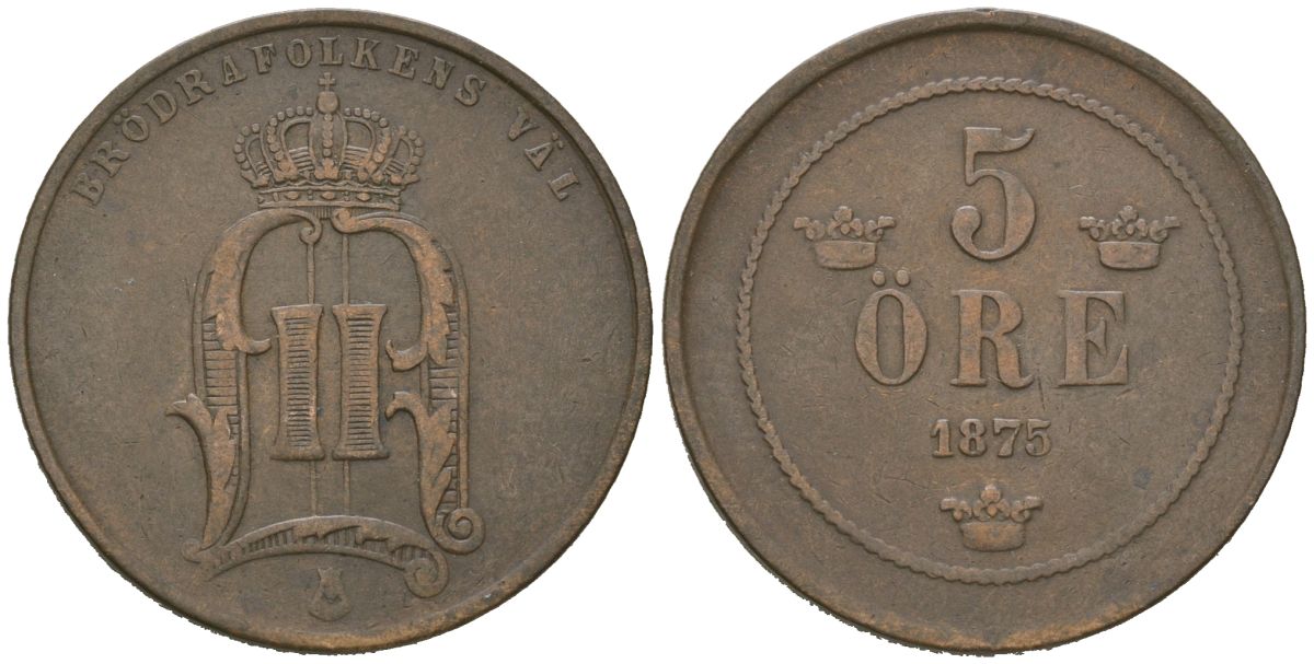 Швеция 5 эре 1875 Оскар II (1872-1907) KM 736 бронза 4175-431