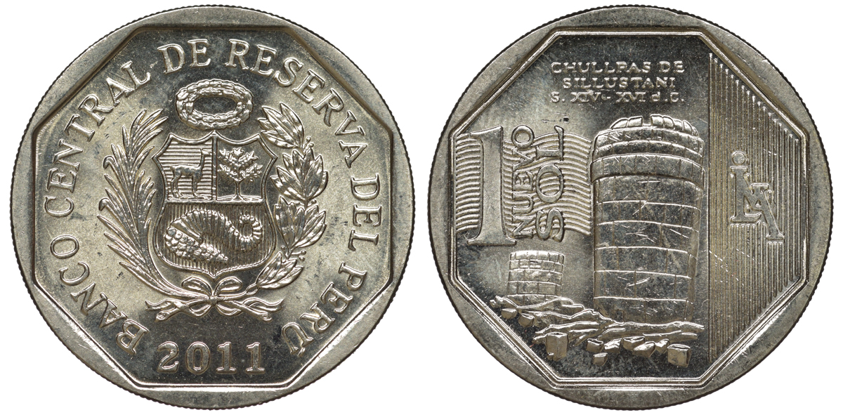 Перу 1 новый соль 2011 чульпа (башня) на кладбище Сильюстани KM 347 медно-никель UNC 4605-254