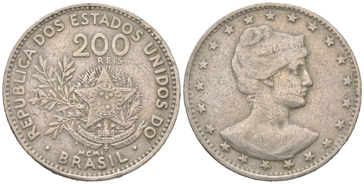 Бразилия 200 реалов 1901 MCMI, голова свободы вправо KM 504 медно-никель 4612-323