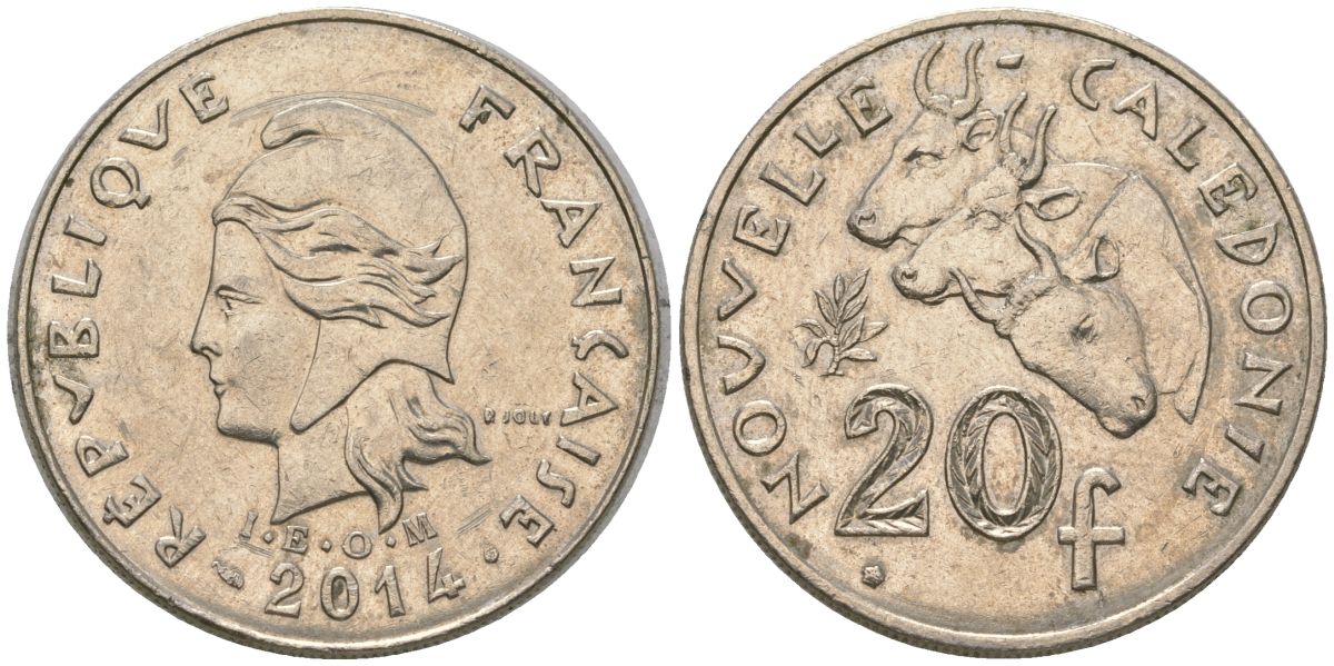 Французская Новая Каледония 20 франков 2014 три быка, (IEOM) KM 12a, Schoen 14a медно-никель 4137-512