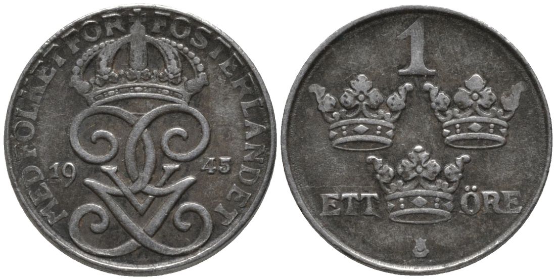 Швеция 1 эре 1945 Густав V (1907-1950), serif 4 KM 810 железо 188-1254