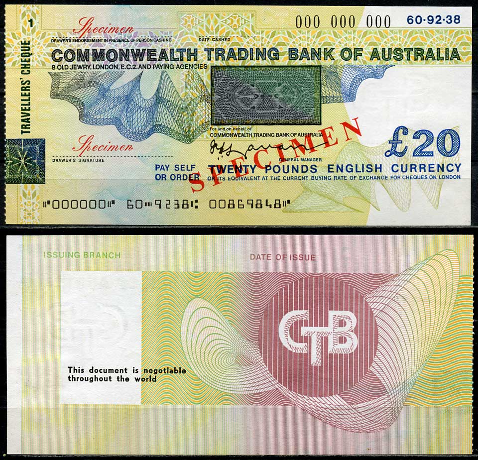 Австралия, Оптовый банк 20 фунтов ND дорожные чек, образец Specimen   бумага  UNC (пресс) 444-35-2-2