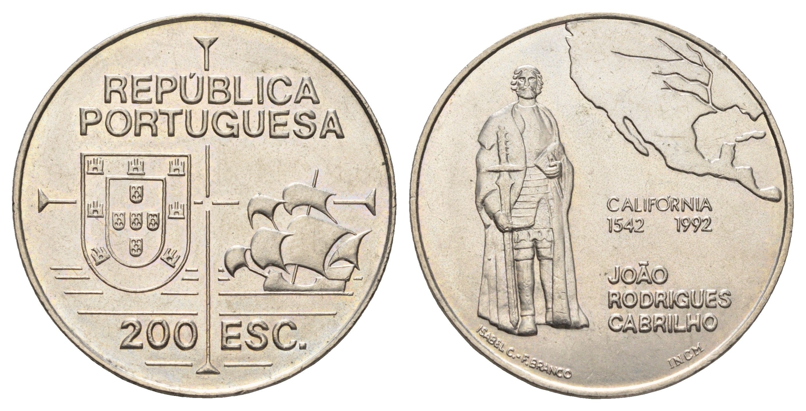 Португалия 200 эскудо 1992 450 лет открытию Калифорнии KM 661 медно-никель UNC 118-121