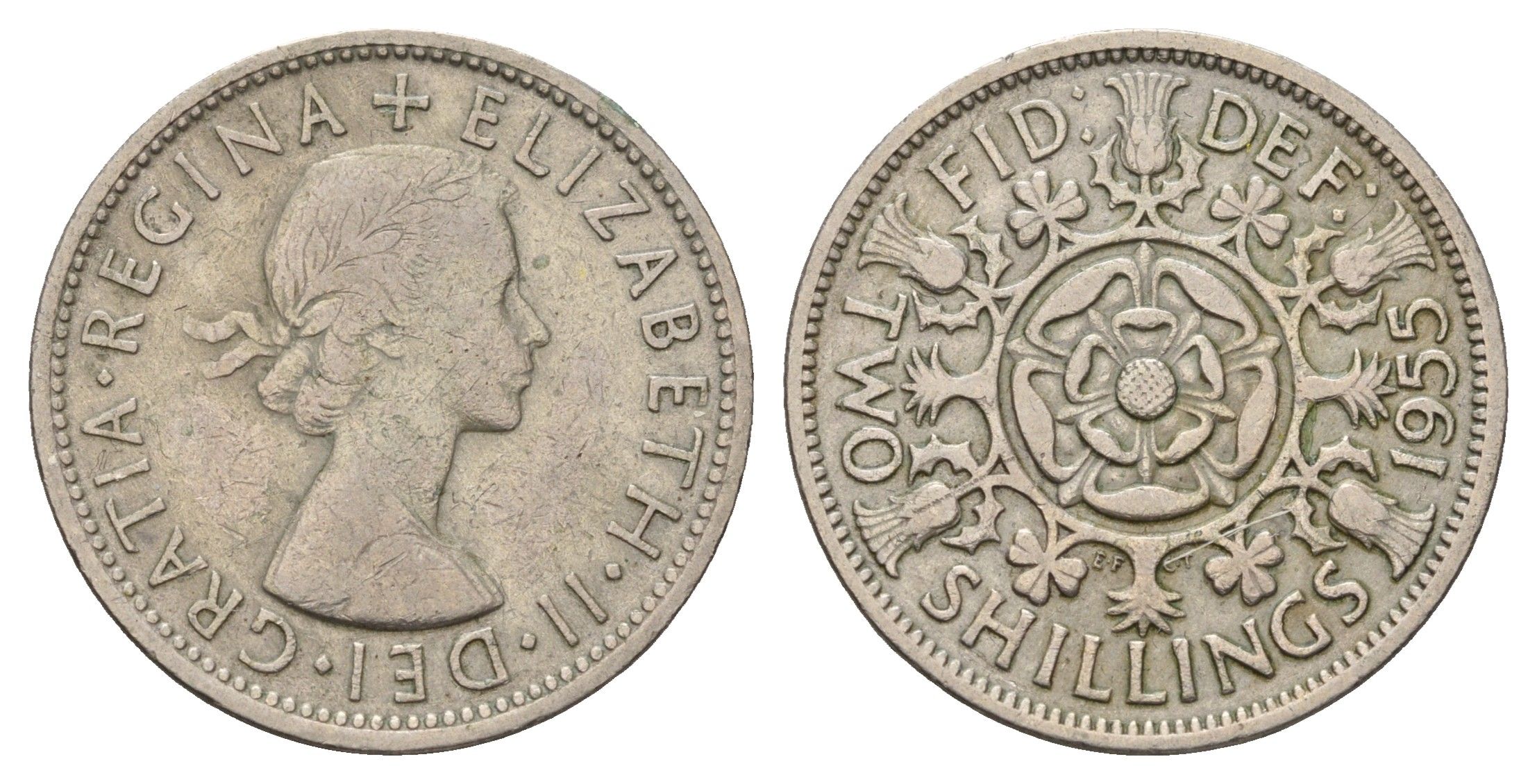 Великобритания 2 шиллинга (флорин) 1955 Елизавета II (1952-2022) KM 906, Spink 4146 медно-никель 4183-413