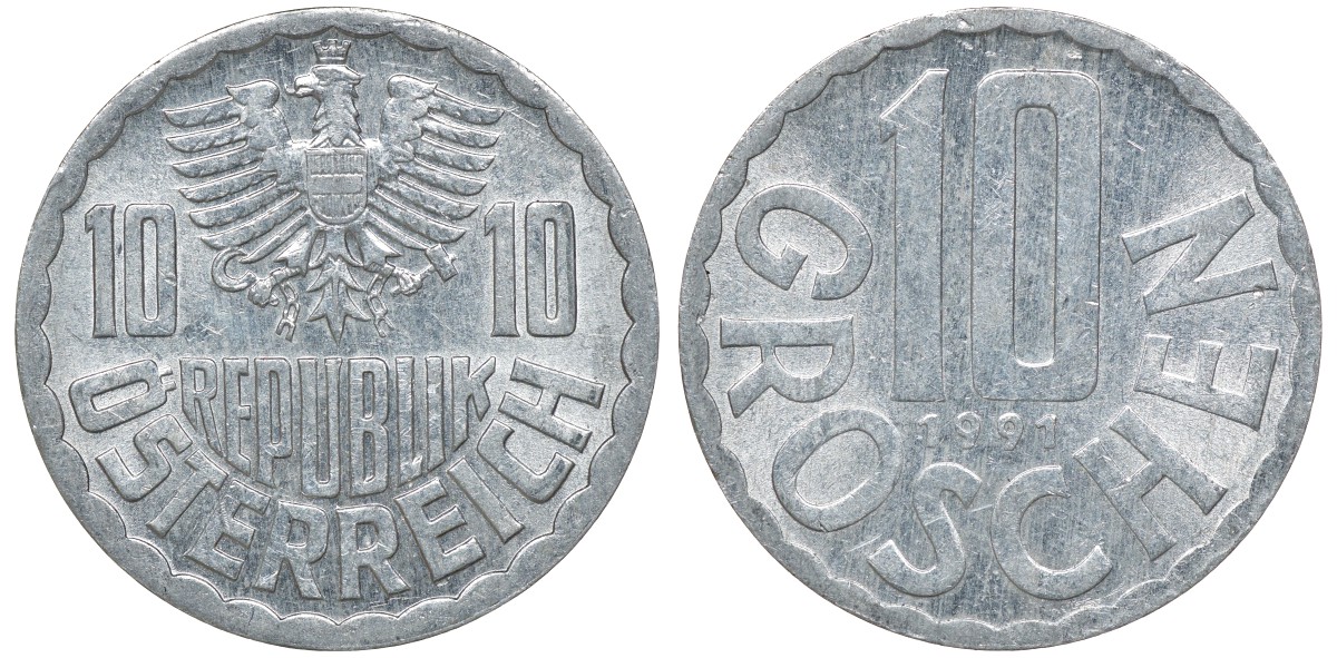 АВСТРИЯ 10 ГРОШЕЙ 1991 KM 2878 алюминий 72-1413