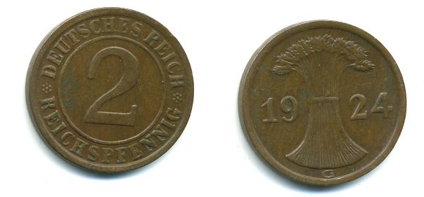 ГЕРМАНИЯ 2 РЕЙХСПФЕННИГА 1924 G KM 38, J. 314 бронза 46-1737