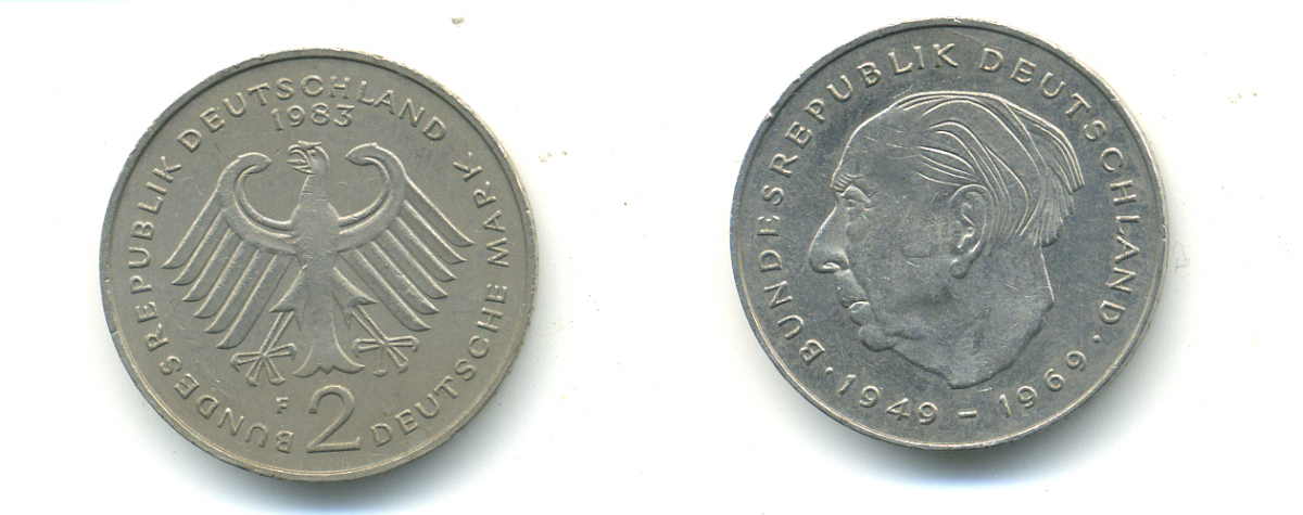 ФРГ 2 марки 1983 J, Теодор Хойс KM 127, J. 407 медно-никель плакированный никелем 83-1856